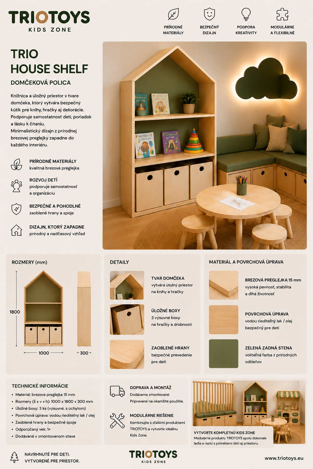 Katalógový list policového domčeka TRIO House Shelf s otvorenými policami a úložnými boxmi na knihy a hračky.